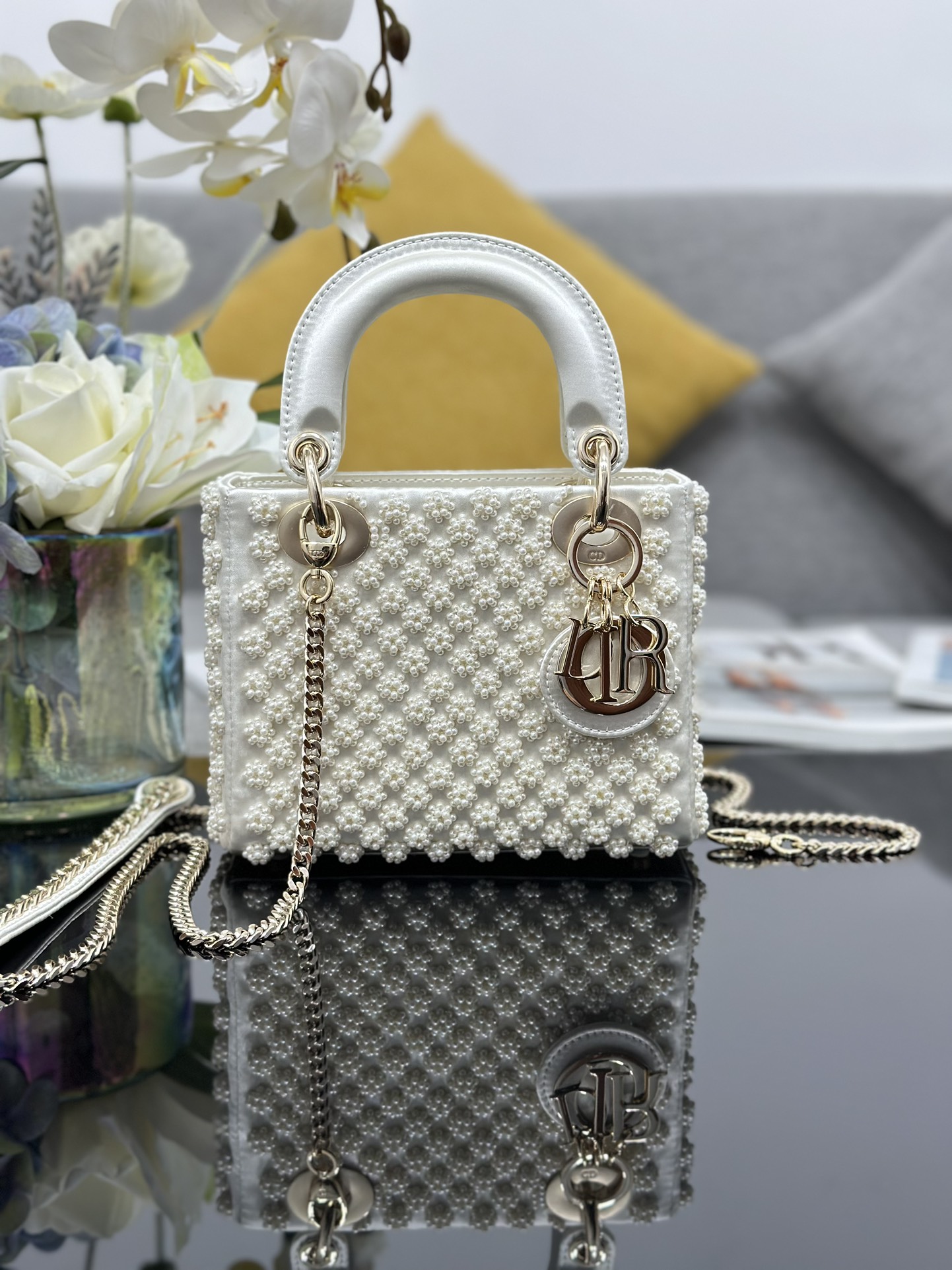 Mini Lady Dior Bag White Satin Embroidered with Pearl Flower